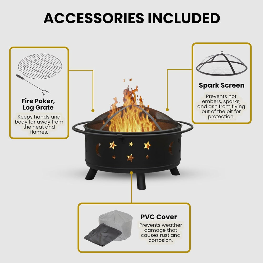 Fire Pit - 32-Inch Outdoor Wood Burning Firepit with Screen, Poker, and Cover...