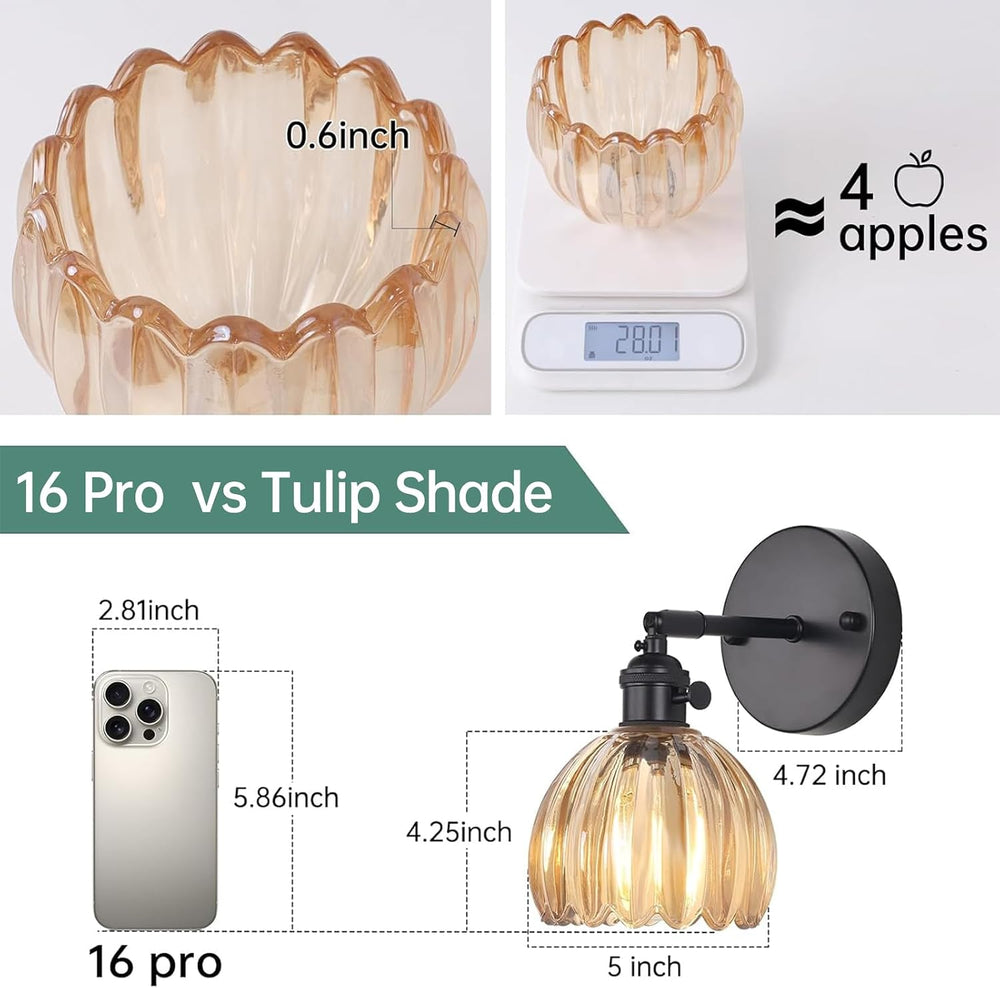 Shenmoyl Vintage Wall Sconce with Amber Tulip Glass Lampshade 180 Degree Adju...