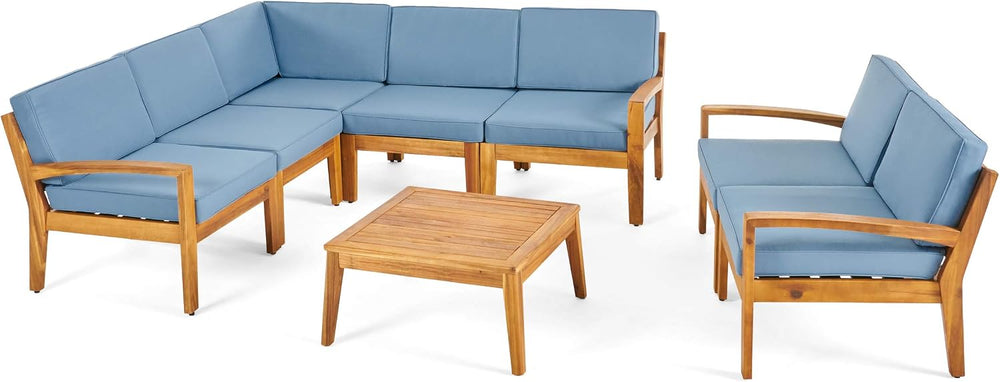 GDFStudio Noble House Grenada Outdoor Acacia Wood 7 Seater Sectional Sofa Set...