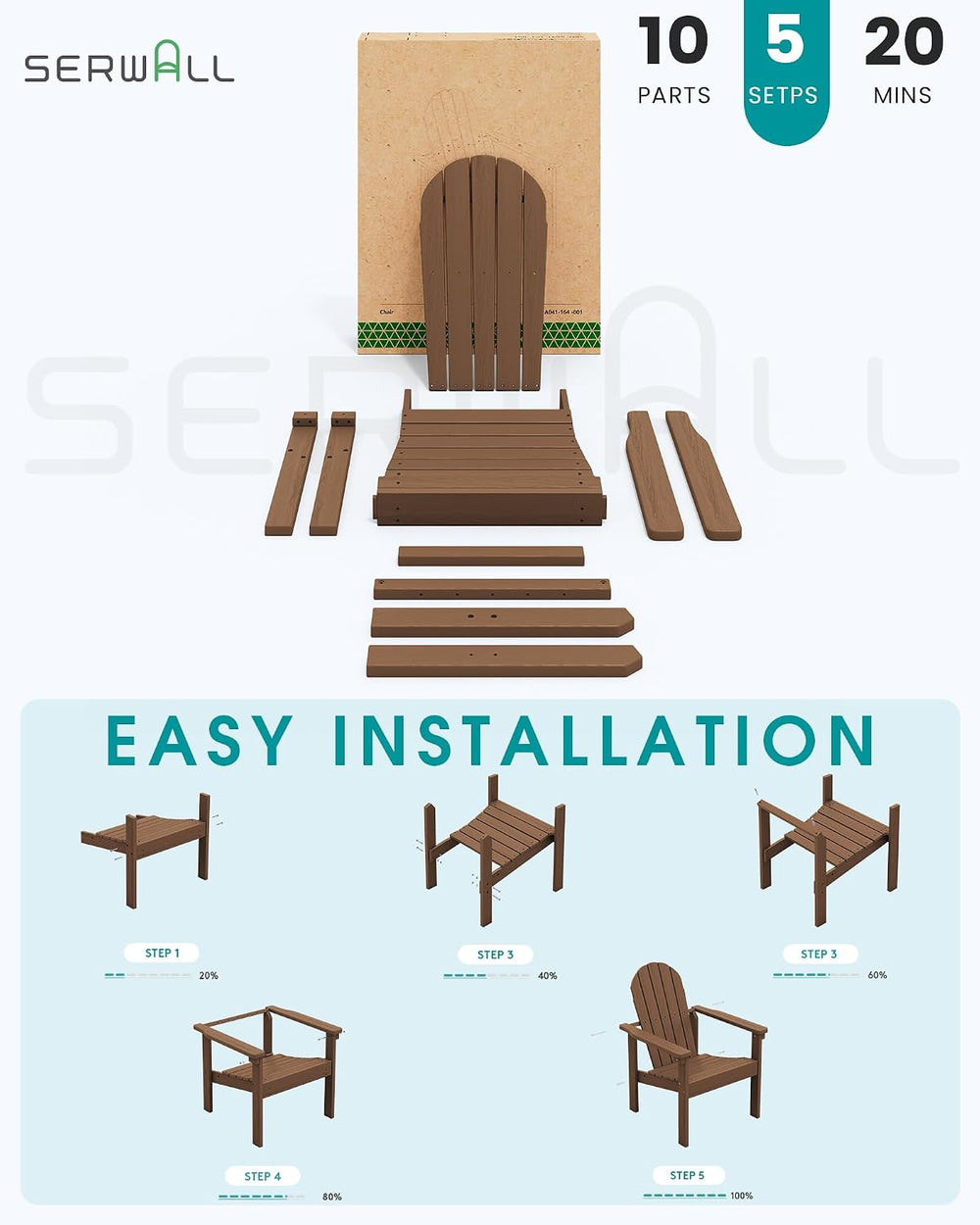 SERWALL HDPE Stackable Adirondack Chairs Set of 4,Space-Saving, Brown