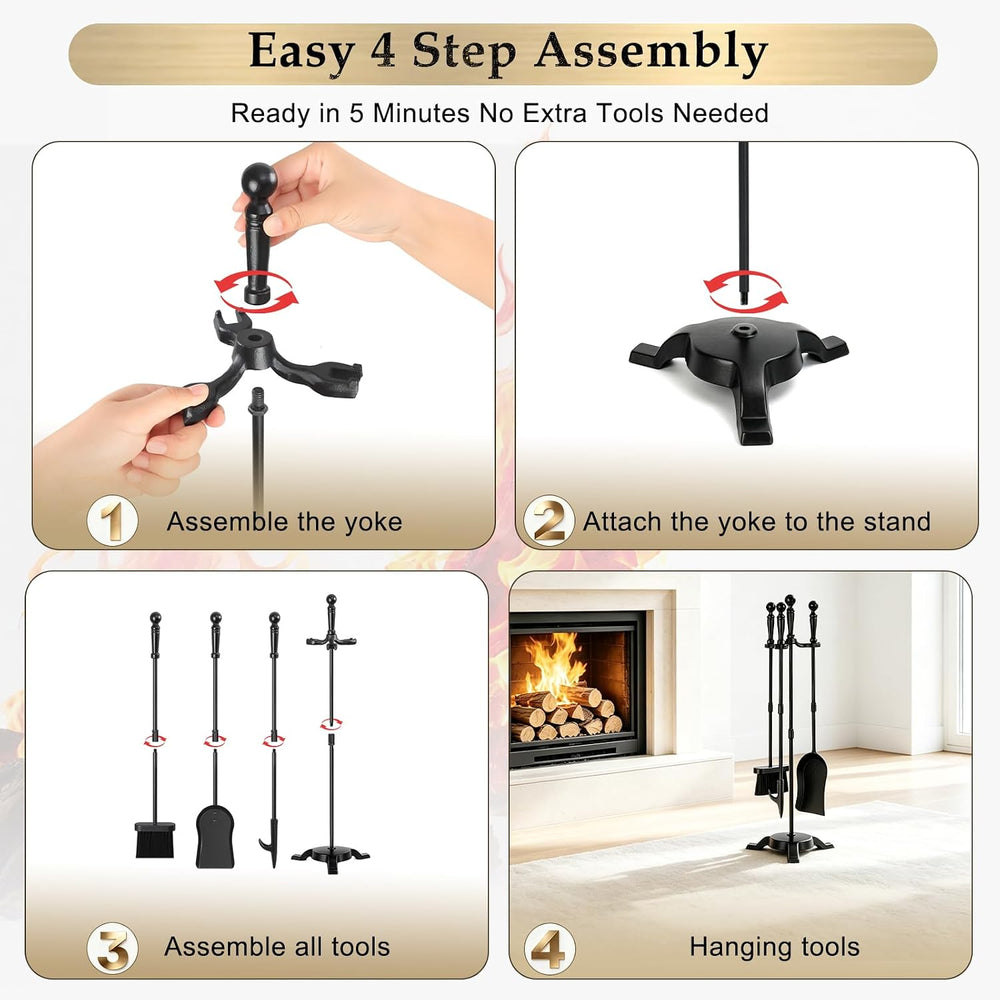 FEED GARDEN 4-Piece Fireplace Tool Set with Stand, 30In Wrought Iron, Black