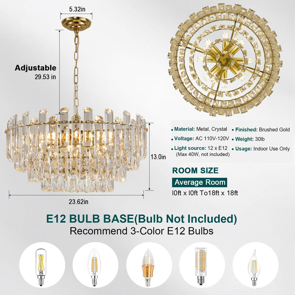 23.62" Gold Crystal Chandeliers for Dining Room, 12-Light Modern Chandelier