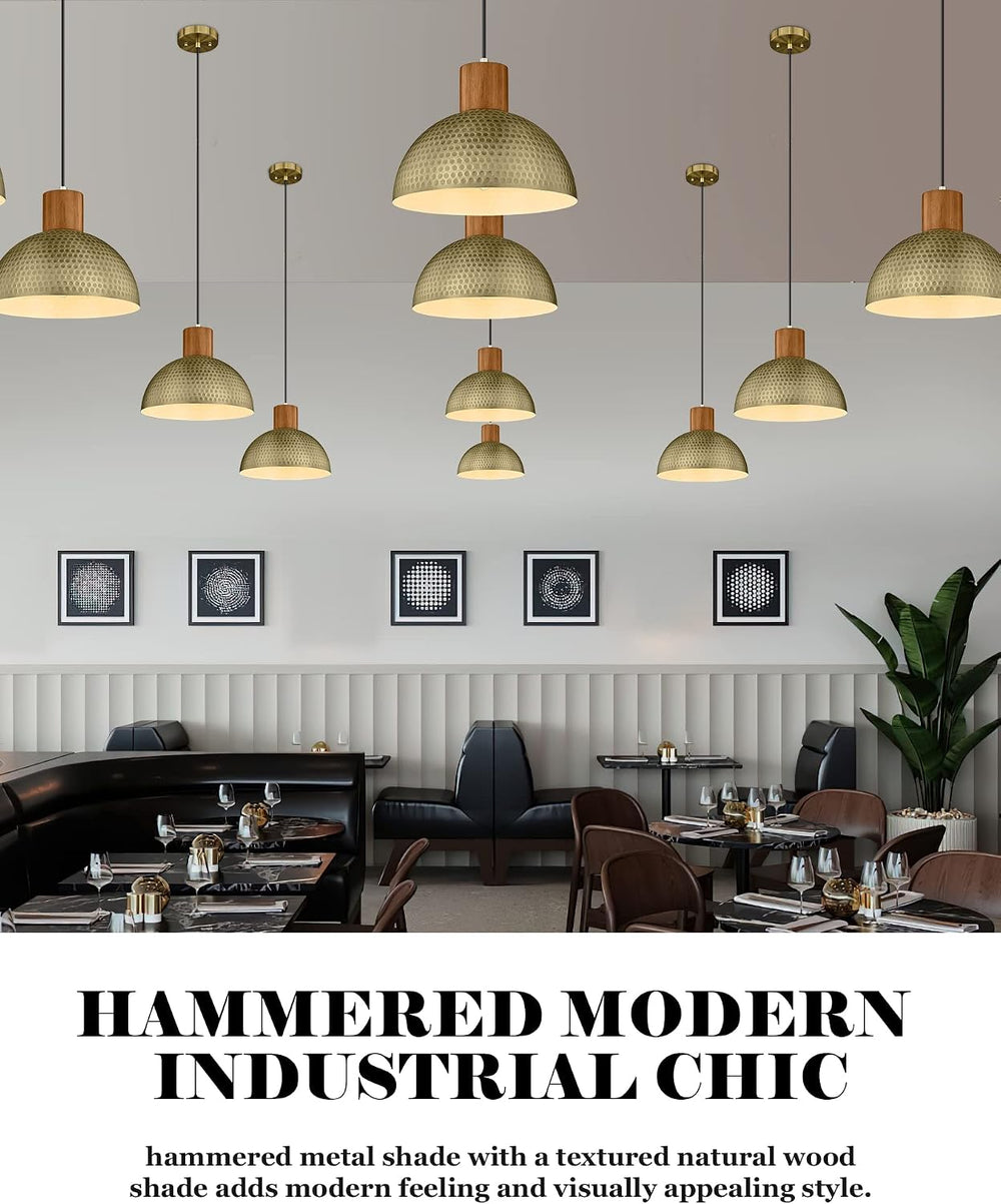 ELYONA 2 Pack Hammered Pendant Lights 12” Vintage Metal & Wood Dome Hangi...
