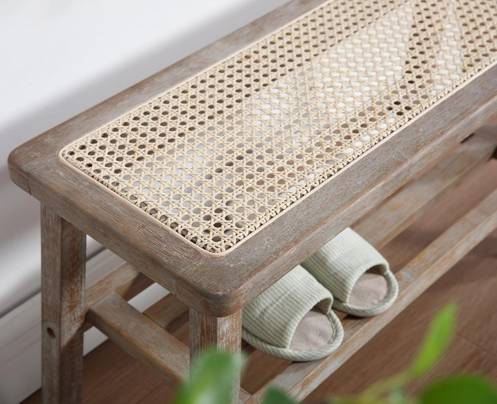 Shunzhi Rattan Entryway Bench with Shoe Rack Natural Wood Storage Bench Indoo...
