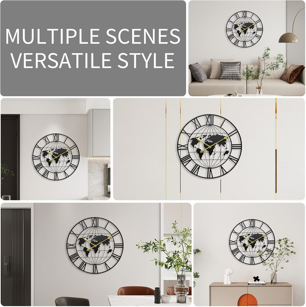 Large World Map Wall Clock,Metal Minimalist Decorative Modern Clock
