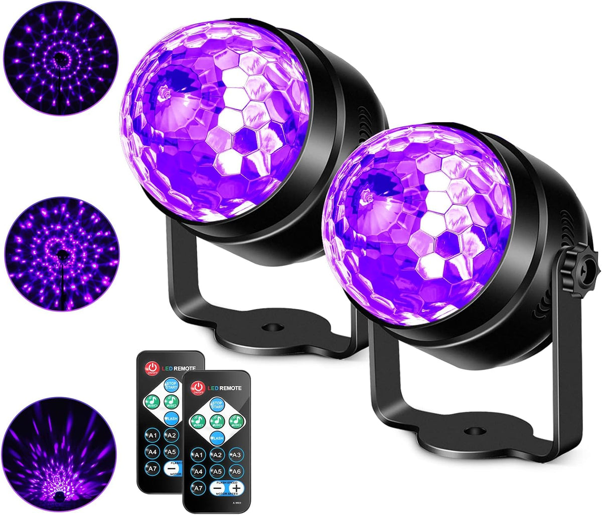 Litake UV Black Lights for Glow Party, 6W LED Disco Ball Strobe Lights for Dark Party Supplies, Sound Activated with Remote Control, Dj Light for Halloween Xmas Birthday Party Home Decorations, 2 Pack