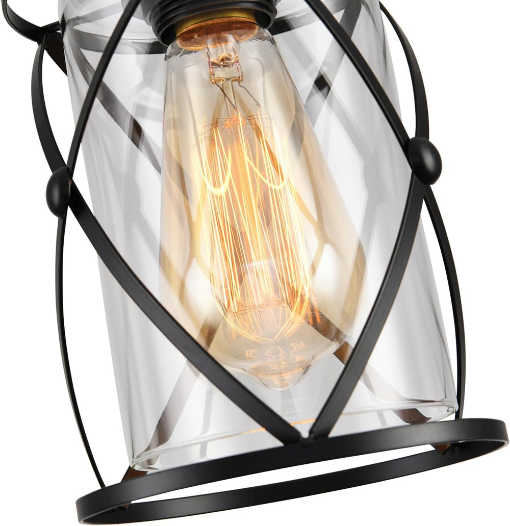 3 Lights Industrial Pendant Light with Glass Shade Matte Black Pendant Lighti...