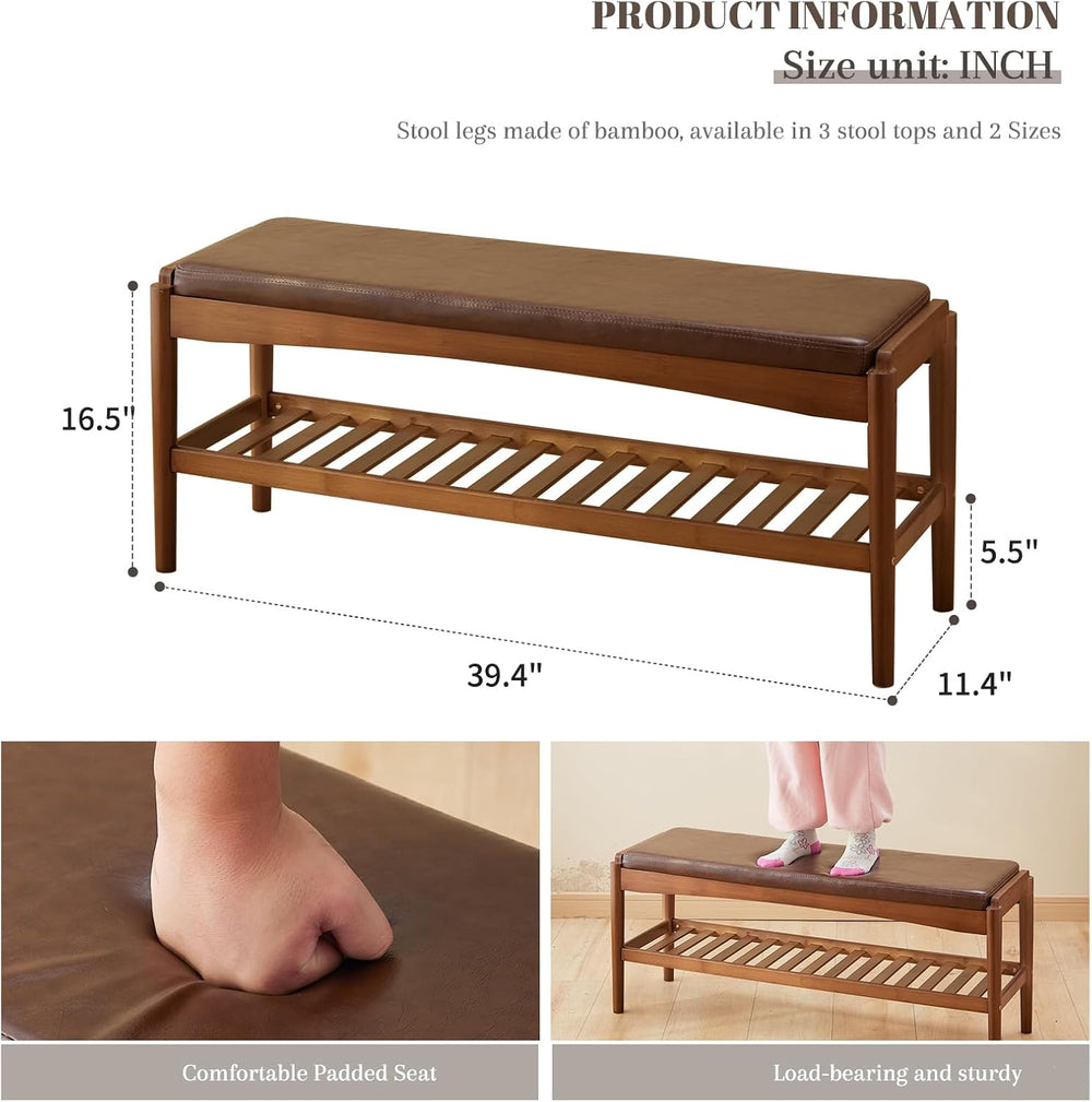 STDDRE Shoe Rack Bench Entryway Bamboo Shoe Storage Bench with Leather Cushio...