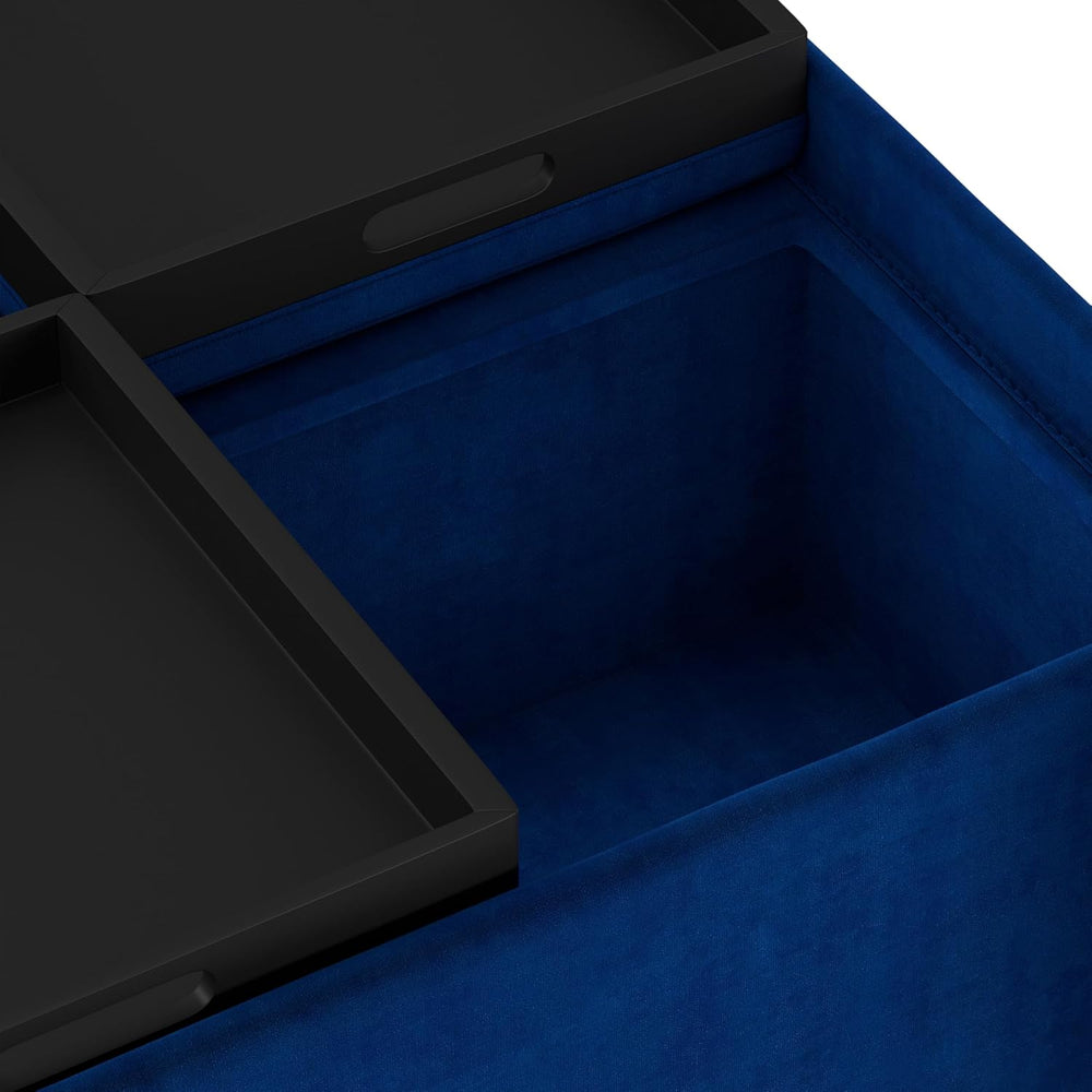 SIMPLIHOME Avalon 35" Wide Velvet Square Storage Ottoman in Blue