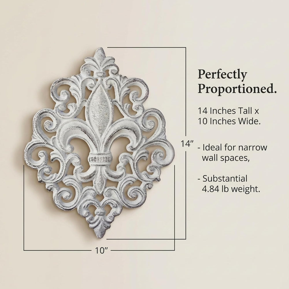 Lulu Decor, Cast Iron 14" Fleur De Lis Decoration Plaque (Antique White)