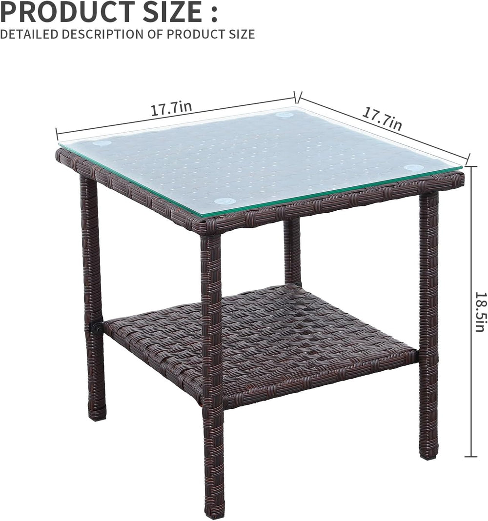 Outdoor Wicker Glass Top Side Table - Patio Balcony Deck Pool Square End Tabl...