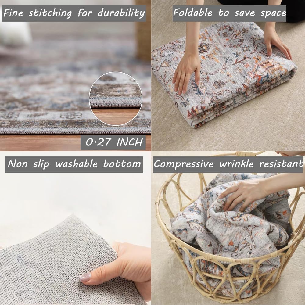 CHAMPLANT Area Rug 4x6 Washable Rug Gray Vintage Traditional Floor Cover Fold...
