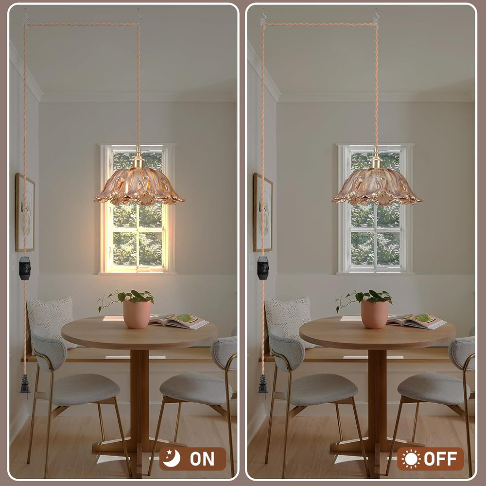 Plug in Pendant Light Fixtures,Hanging Light Fixture Amber Glass Pendant Ligh...