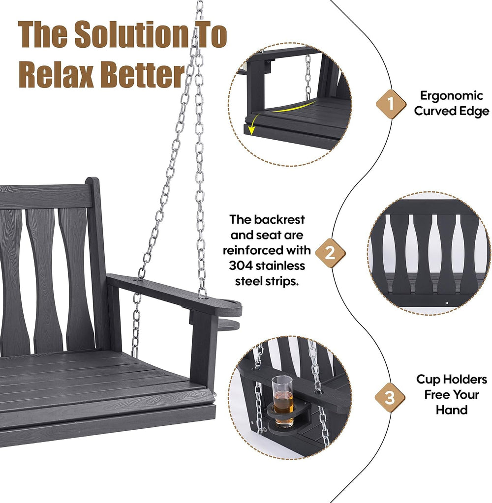 HIPS All-Weather Outdoor Hanging Porch Swing,2 Seat Hanging Swing Bench