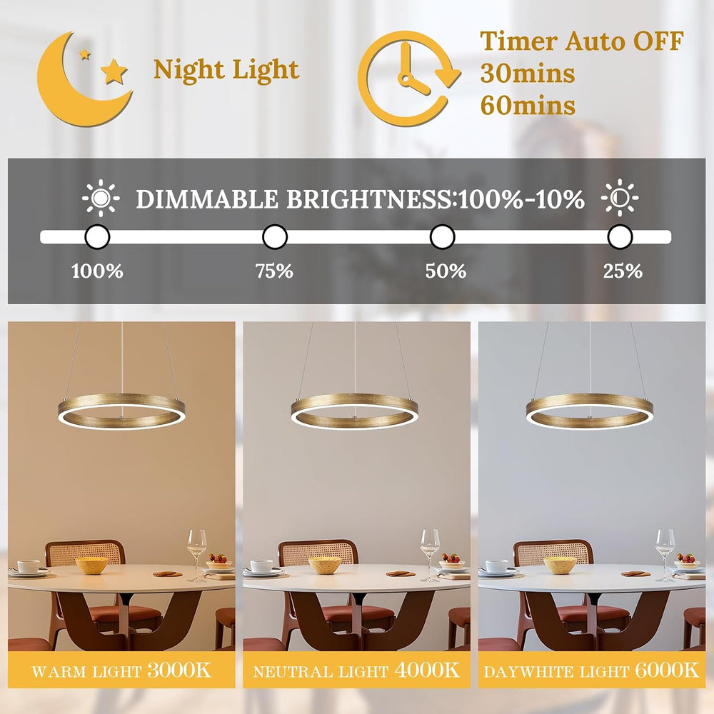 12in LED Ring Chandelier Brass Gold Modern Dimmable Pendant Light