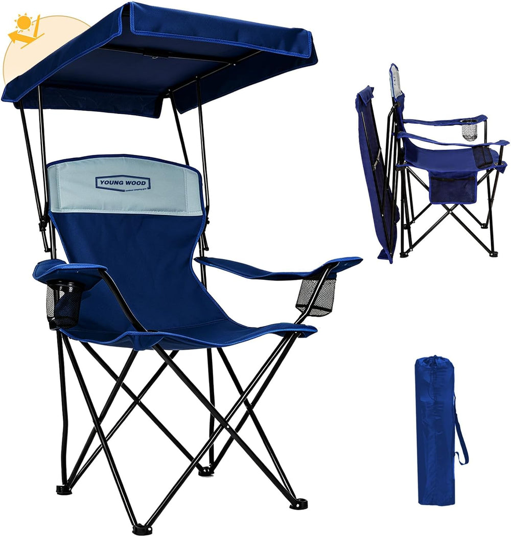 YOUNG WOOD Camping Chair with Canopy, Beach Chair with Shade Lightweight Over...