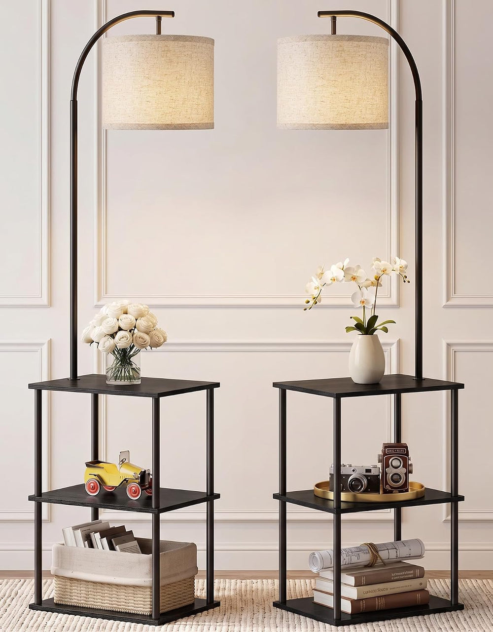 Black Floor Lamp with Table 2 Pack, Night Stand with Lamp, Narrow Side Table ...