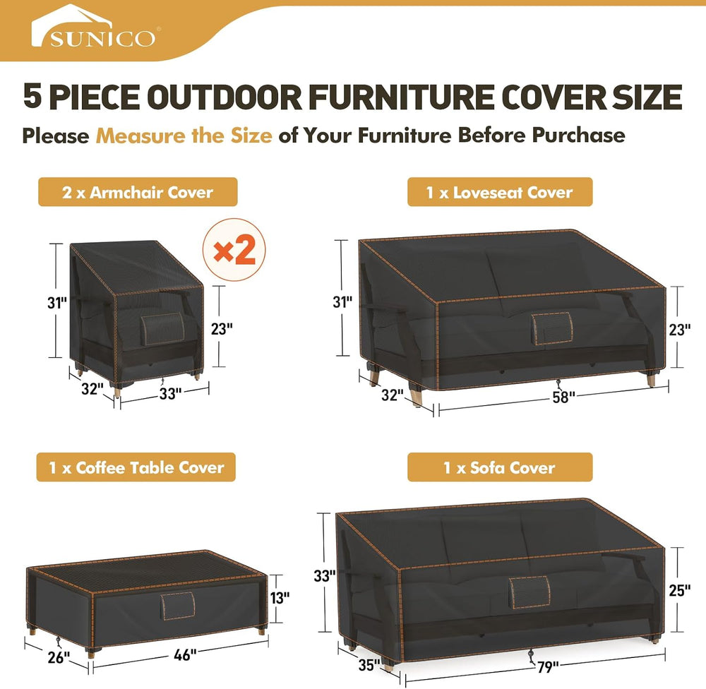 Patio Furniture Set Covers for Outdoor Waterproof 5 Piece, XX-Large, Black