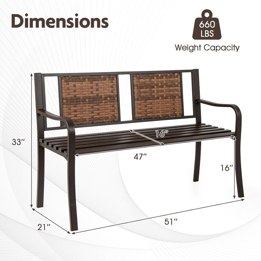 Giantex Outdoor Bench with PE Rattan Backrest, Curved Armrests, Slatted Seat ...
