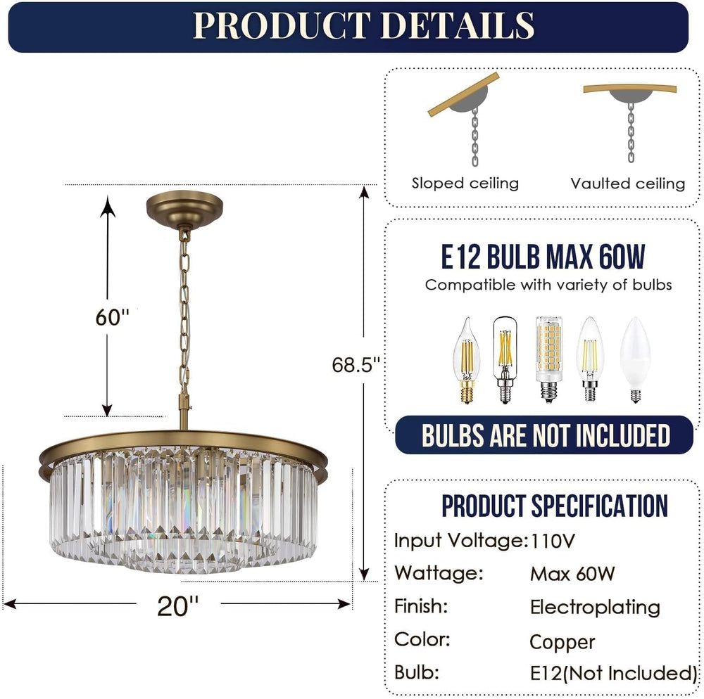 Modern 8-Light Crystal Chandelier, 20 Inch Copper