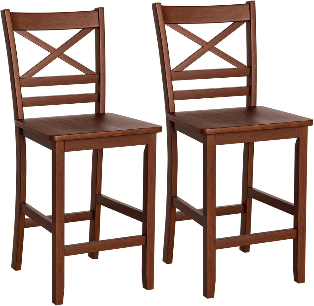 COSTWAY 25'' Wooden Counter Height Barstools Set of 2 with Slatted Ba...