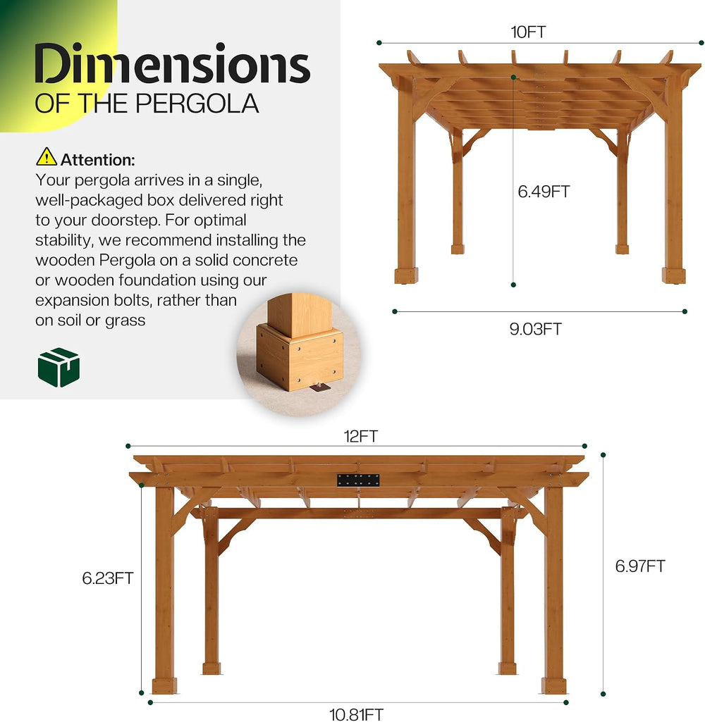 Jocisland 10x12 FT Premium Cedar Wood Pergola with Trellis Roof & Stakes