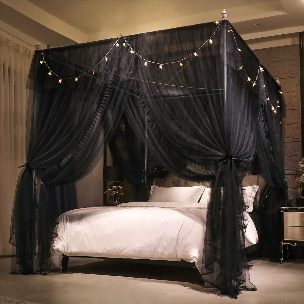 VETHIN 4 Corners Post Ruffle Princess Bed Canopy Curtain-Double Layer Cozy Dr...