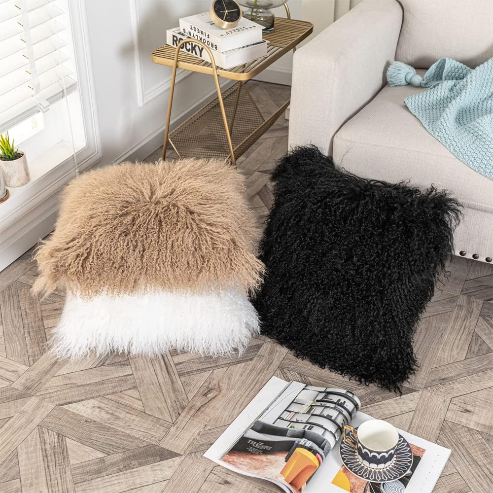 Mongolian Lamb Fur Throw Pillow Covers 16 x 16 Inch, Khaki