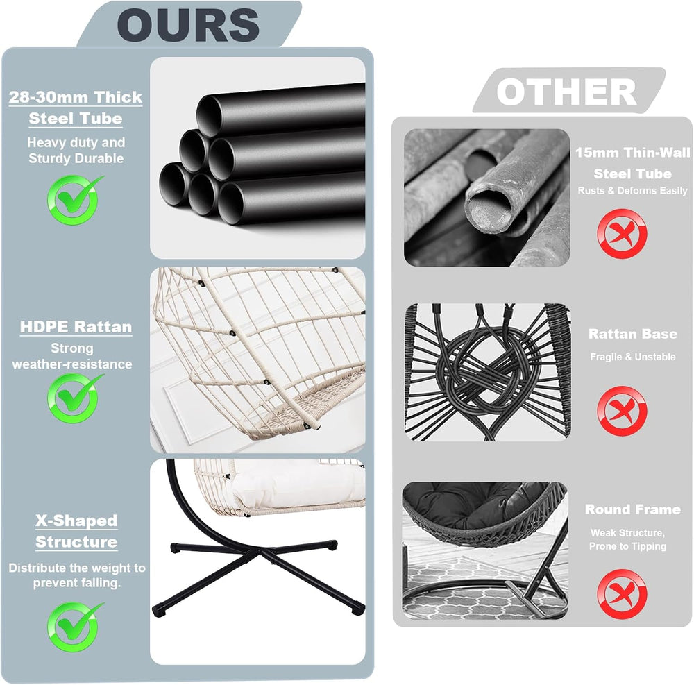 Foldable Hanging Egg Chair with Stand, HDPE Rattan and Heavy Duty Aluminum-St...