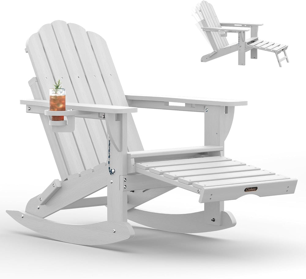 Ciokea Adirondack Rocking Chair with Ottoman, Foldable HDPE Rocker (White)