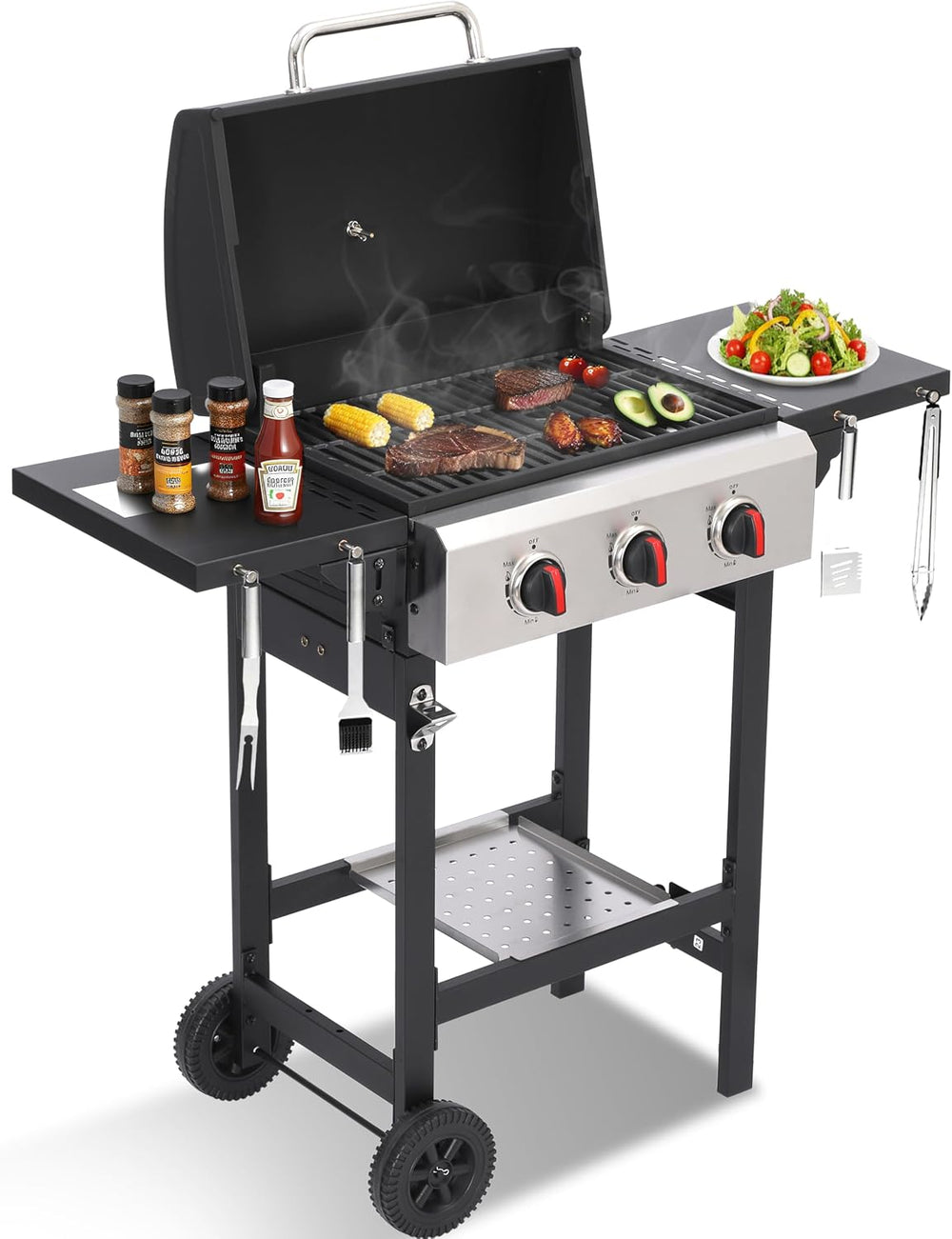 3-Burner Propane Gas Grill with Cast Iron Grates, 38200 BTU output,Foldable S...