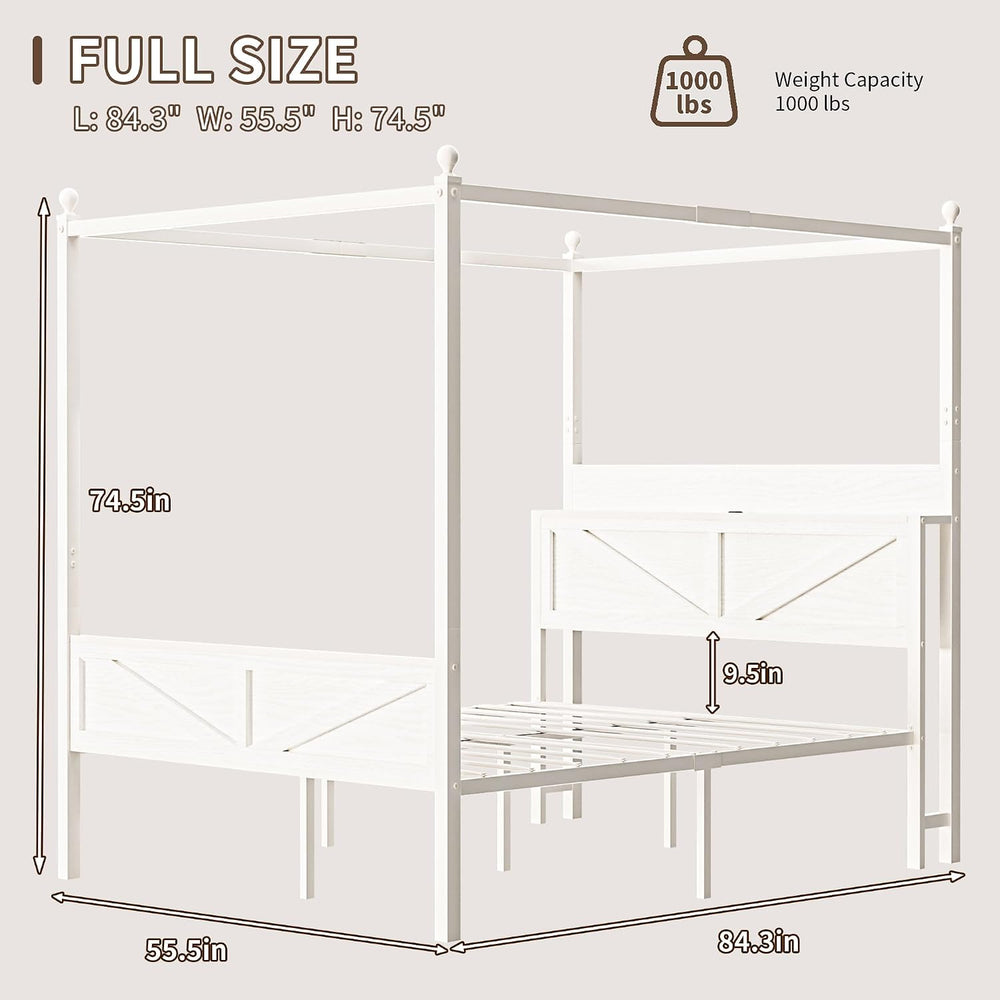Canopy Bed Frame Full Size with Storage Headboard, Beige