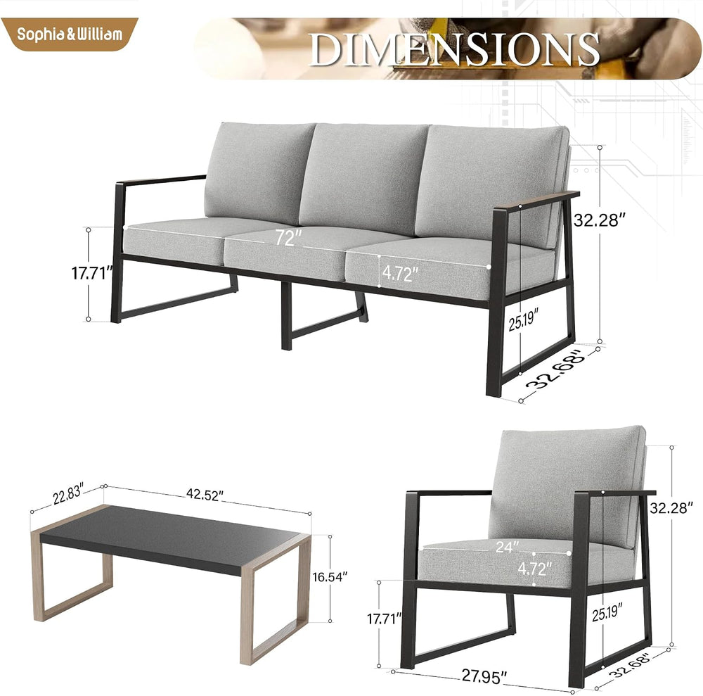 Sophia & William 4-Piece Modern Patio Furniture Set, Grey Cushion