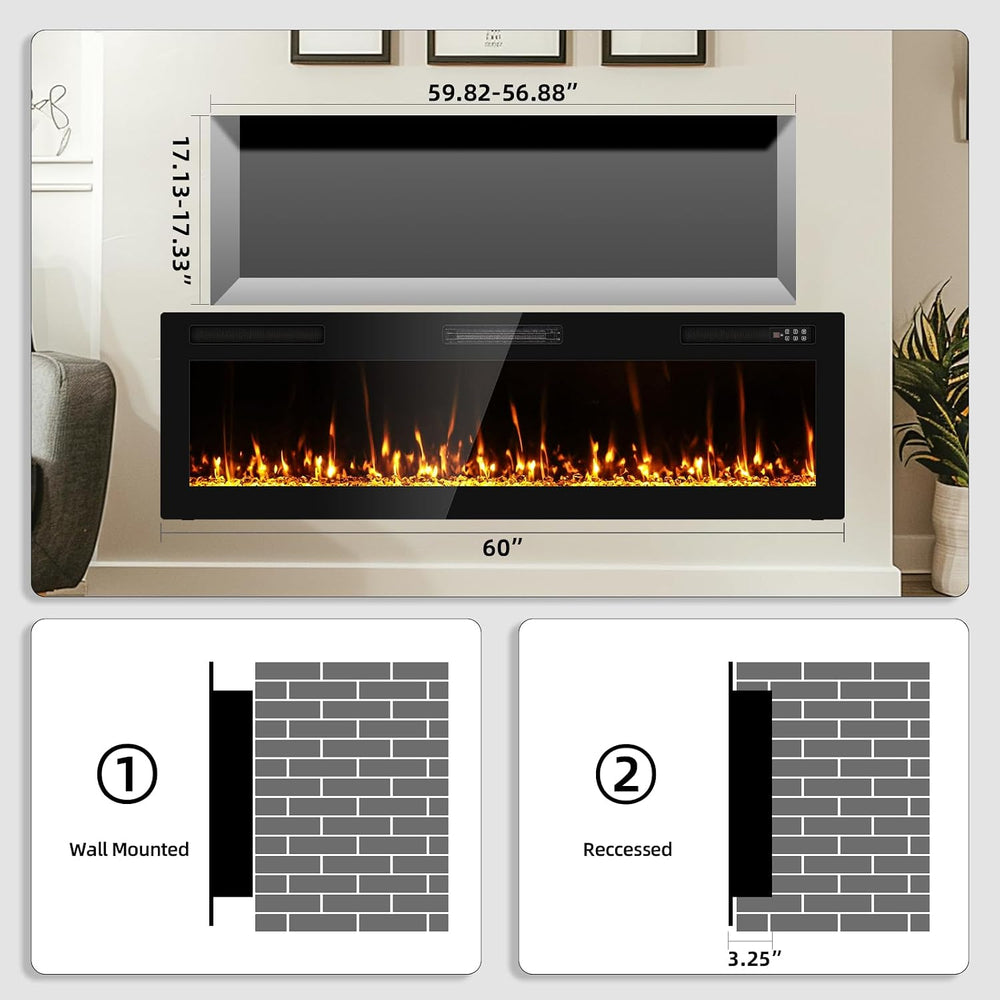 Electric Fireplace 60” Recessed and Wall Mounted Fire Places with Remote Cont...