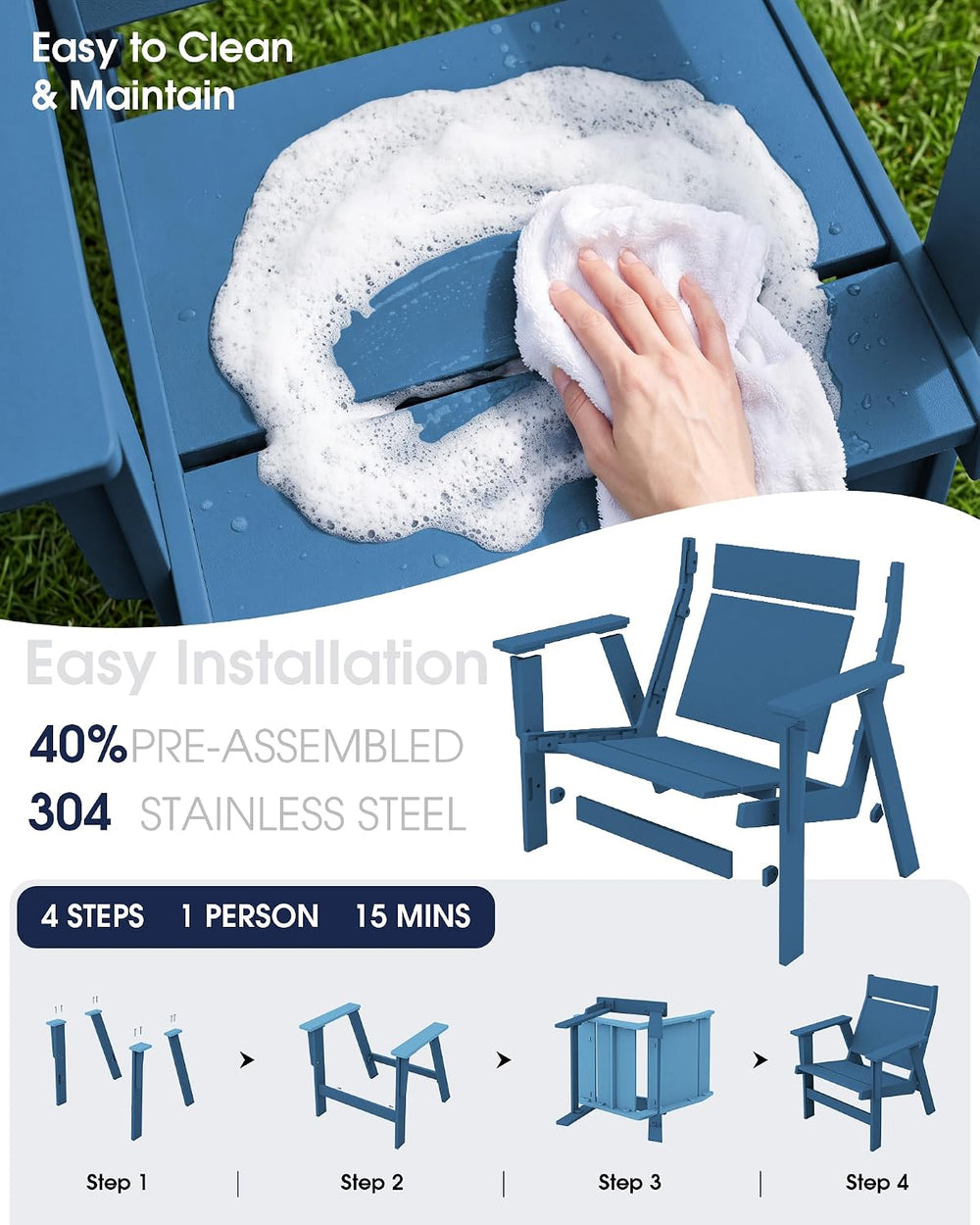 KINGYES Modern Adirondack Chair Set of 6, Slateless Design, Navy