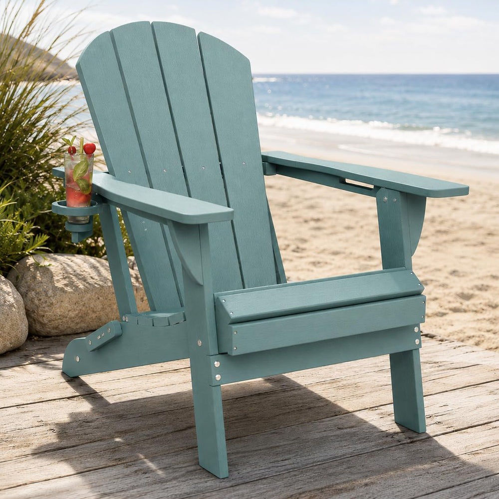 Folding Adirondack Chair with Cup Holder and Phone Holder, Heavy Duty HDPE Pl...