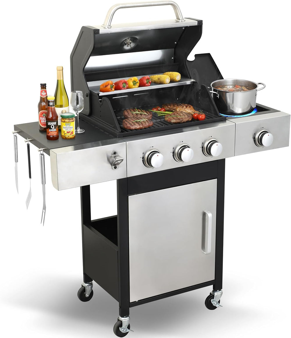 3-Burner Propane Gas Grill 39,000 BTU with Side Burner, Stainless Steel Doubl...