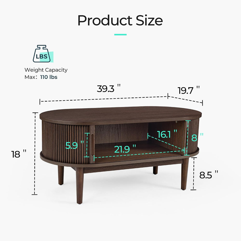LINSY HOME Oval Coffee Table, Wood Coffee Table with Storage, Fluted Accent C...
