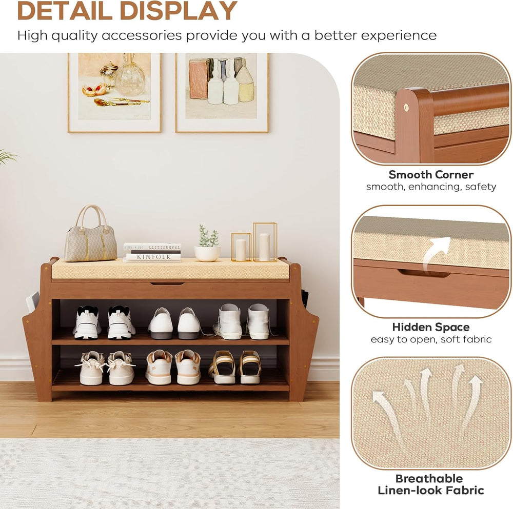 Shoe Bench 34.3in, Bamboo 3-Tier Entryway Bench with Storage, Shoe Rack