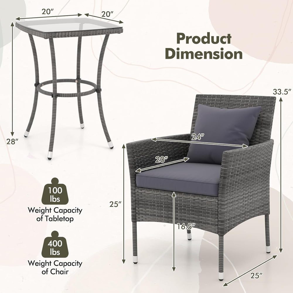 Tangkula 3-Piece Patio Furniture Set, PE Wicker Conversation Bistro Set w/A T...