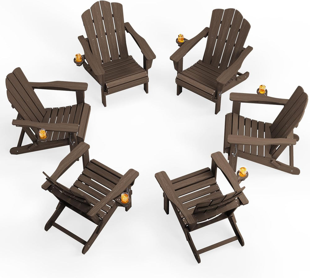 KINGYES Folding Adirondack Chair Set of 6 with Cup Holder, Coffee