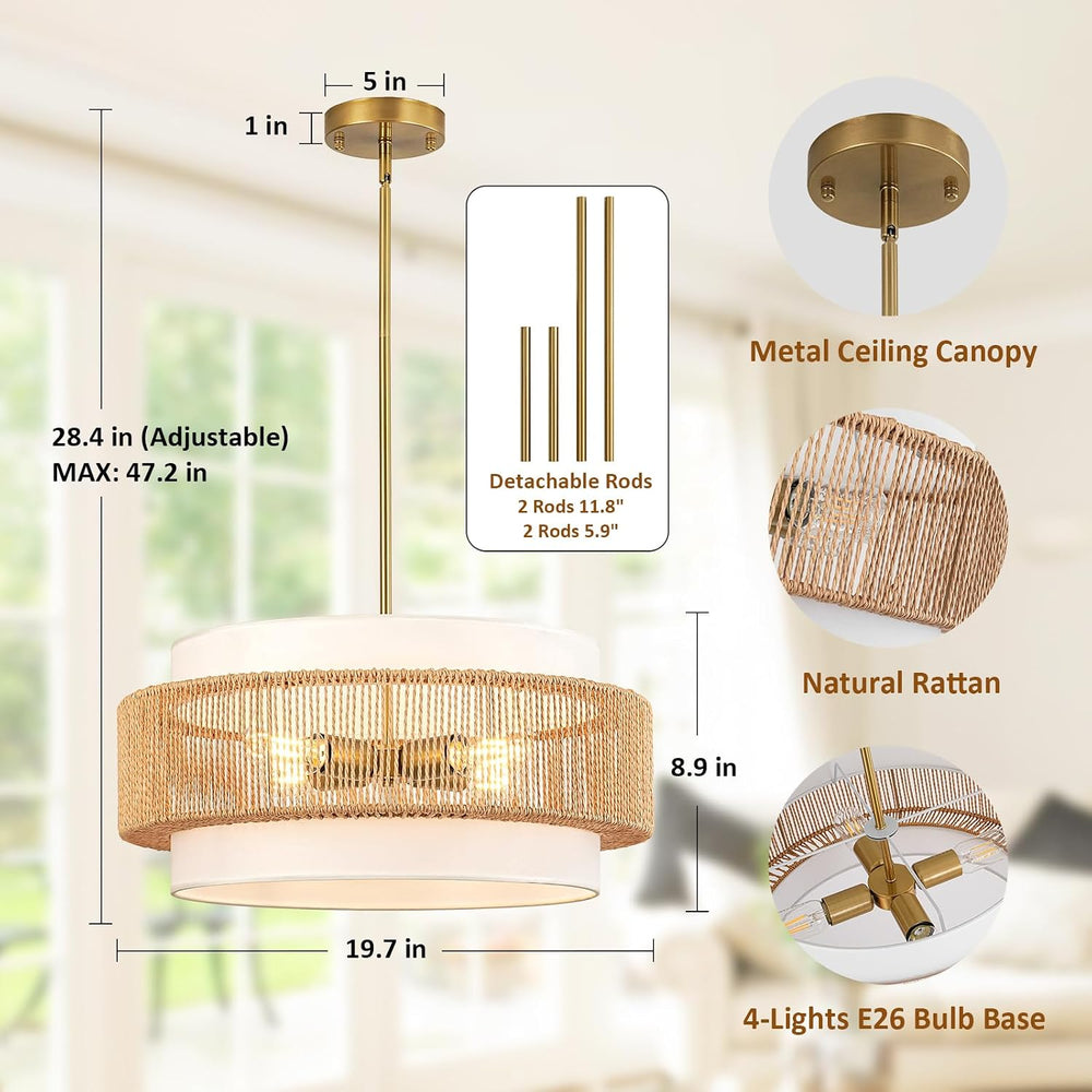 4-Light Rattan Chandelier for Dining Room, 19.7" Boho Pendant Light Fixture