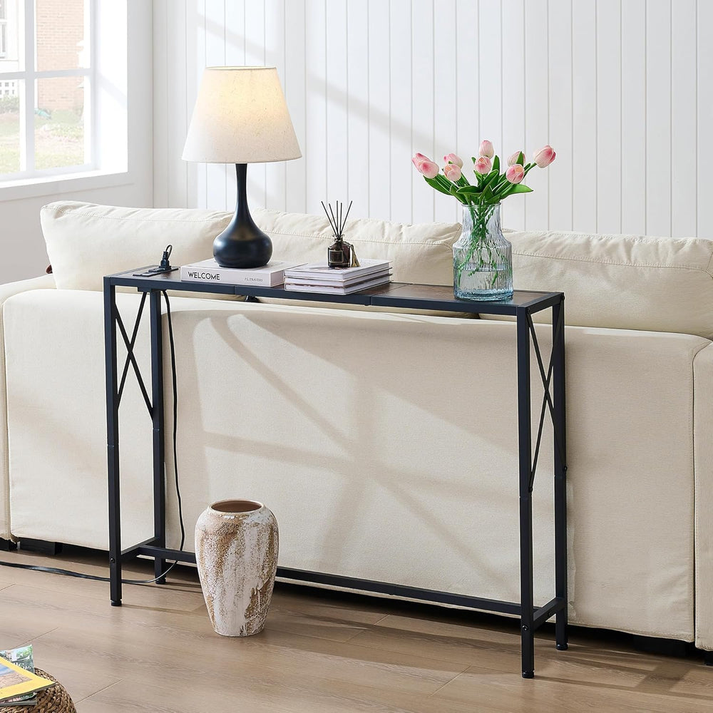 Gewudraw Narrow Console Table with Socket, Sofa Table Behind Couch, Brown