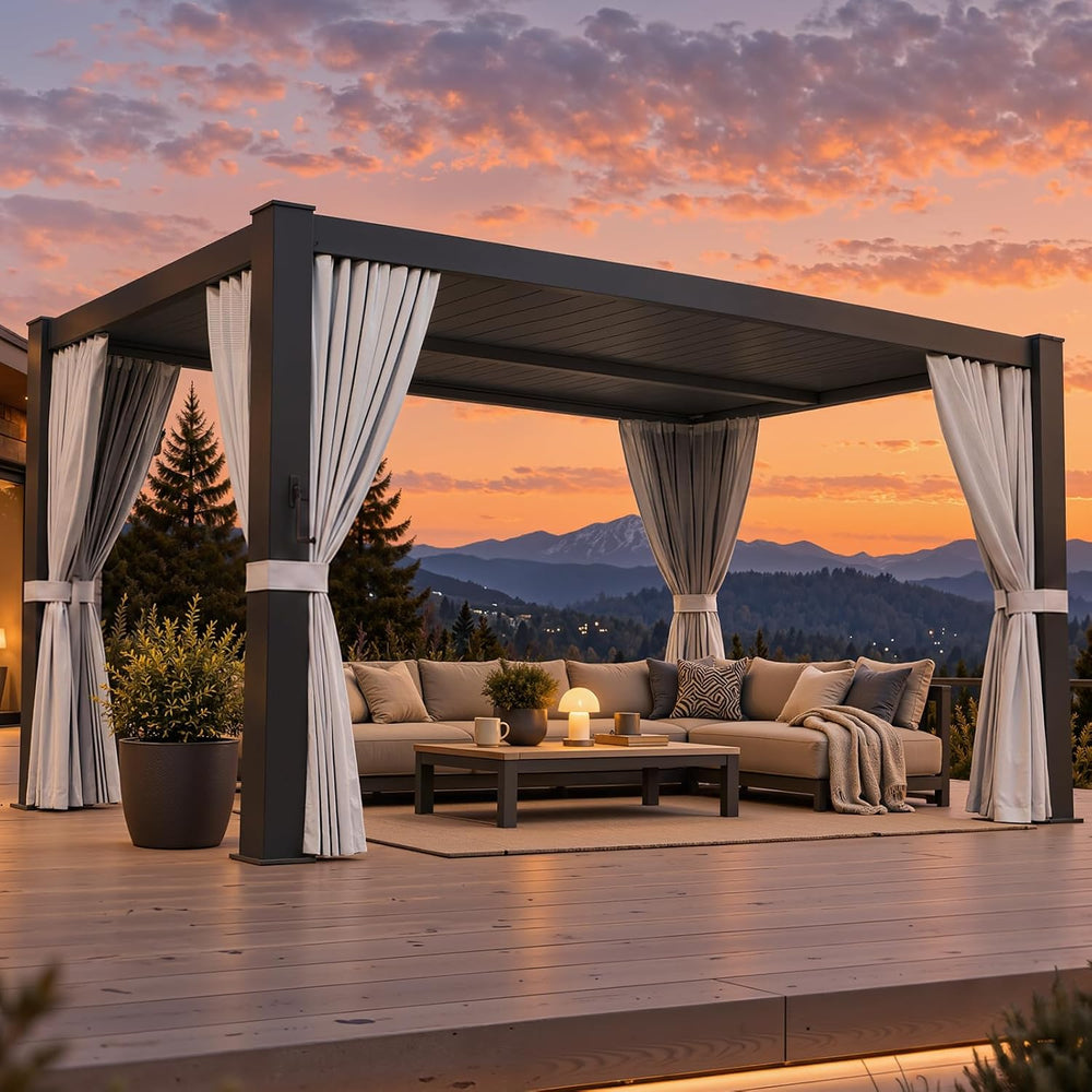 Aoxun Louvered Pergola 16x12 All-Aluminum, Power Outlet, Curtains & Netting