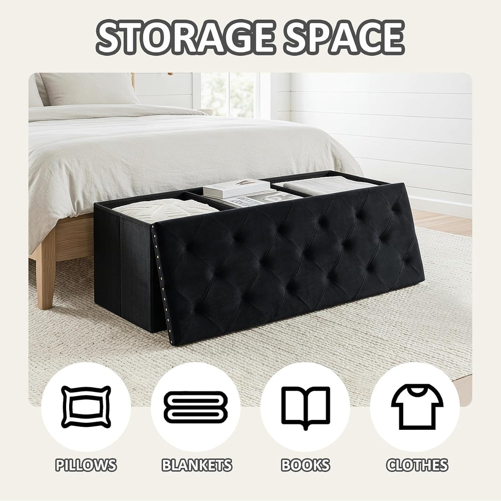 PINPLUS Folding Storage Ottoman Bench, Black Velvet