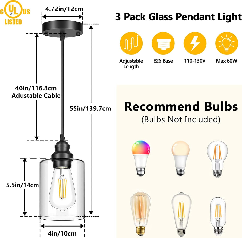 Licperron 3 Pack Hanging Pendant Lighting Fixtures, Adjustable Black Hanging ...