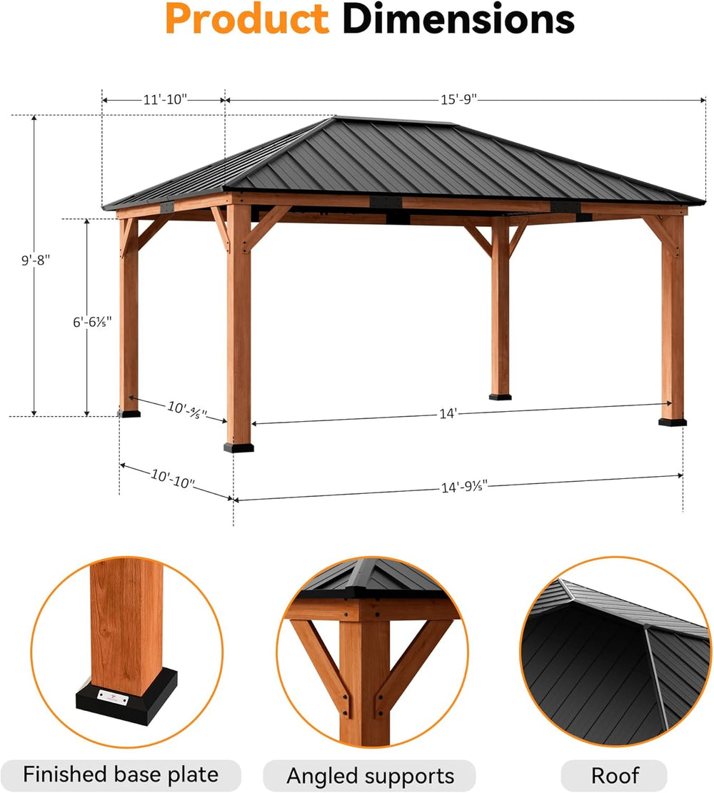 Modern Shade Permanent Wood Gazebo 12x16 with Galvanized Steel Roof