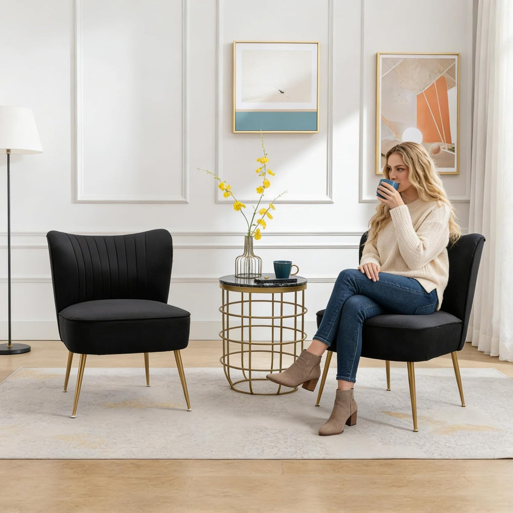 Black Velvet Accent Chair Set of 2 with Wingback