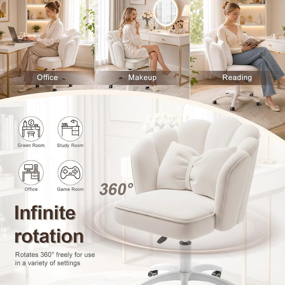 Vanity Chair with Wheels Velvet Petal Desk Chair Upholstered Tufted Home Offi...