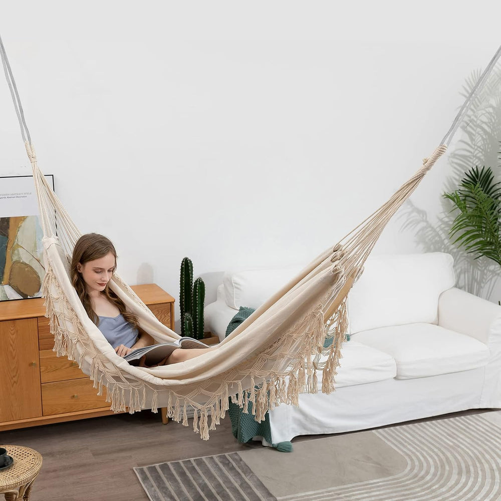 Double Boho Macrame Hammock with Elegant Tassels for Patio, Yard, Beach Weddi...